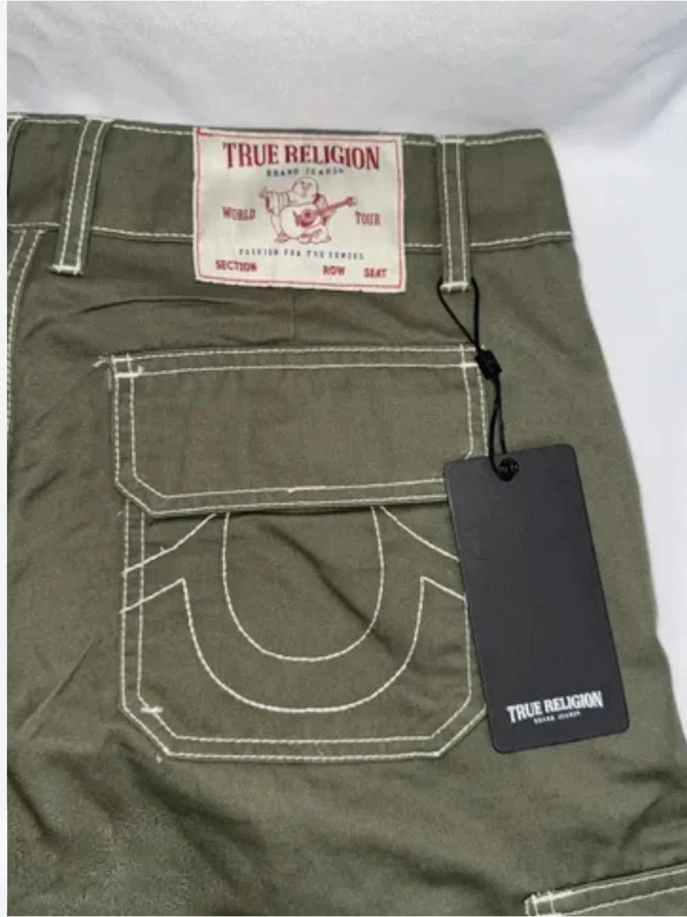 True Religion Men's Olive Cargo Jeans with Contrast Stitching